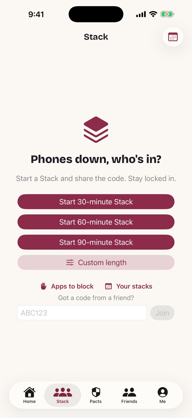 Stack screen: Phones down, who's in? Start a 30, 60, or 90 minute Stack.